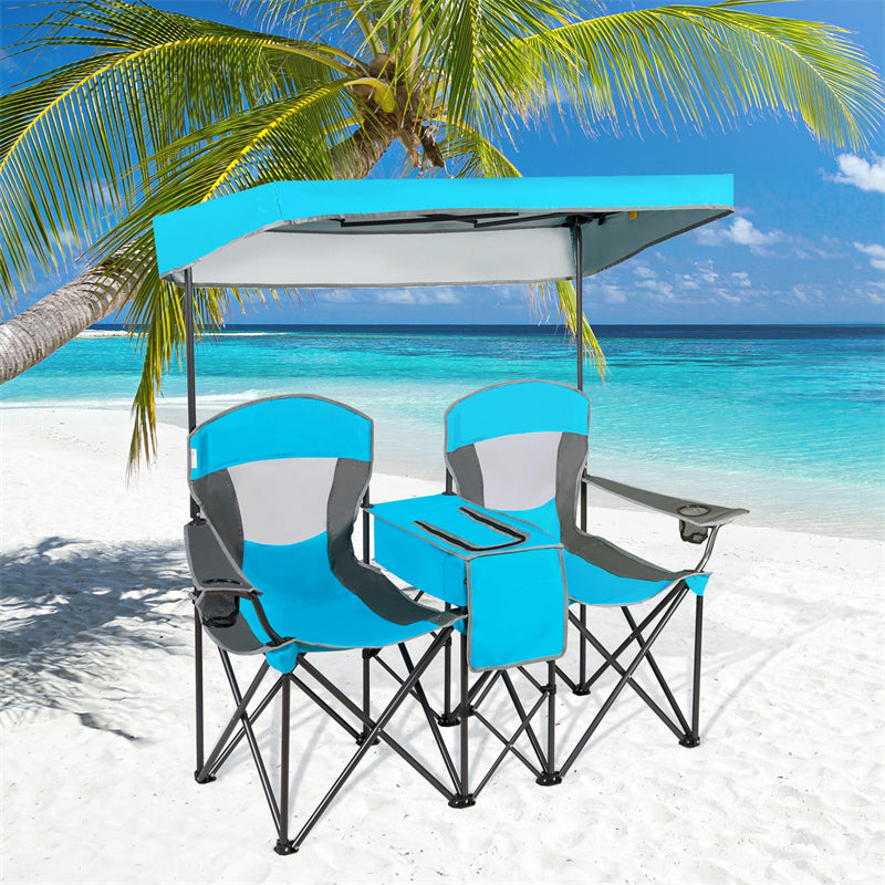 Folding Double Camping Chairs with Shade Canopy Portable Beach Chairs with Cup Holder