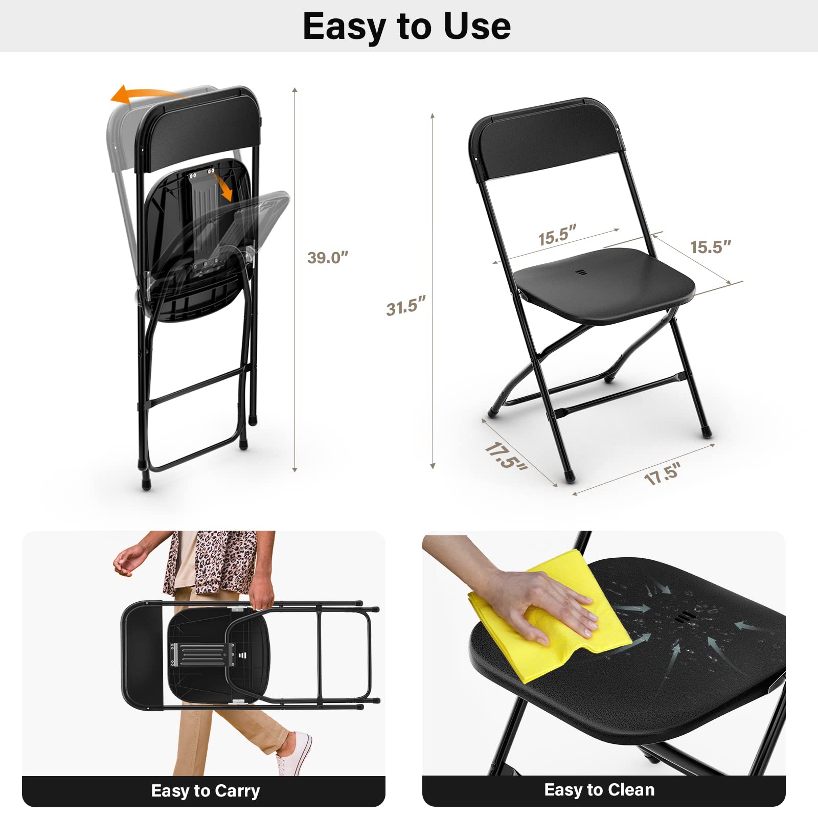 4/5/6/10/20/40 Pack Portable Plastic Folding Chair 350lb Stackable Commercial Seat with Steel Frame Party Chairs Black/White