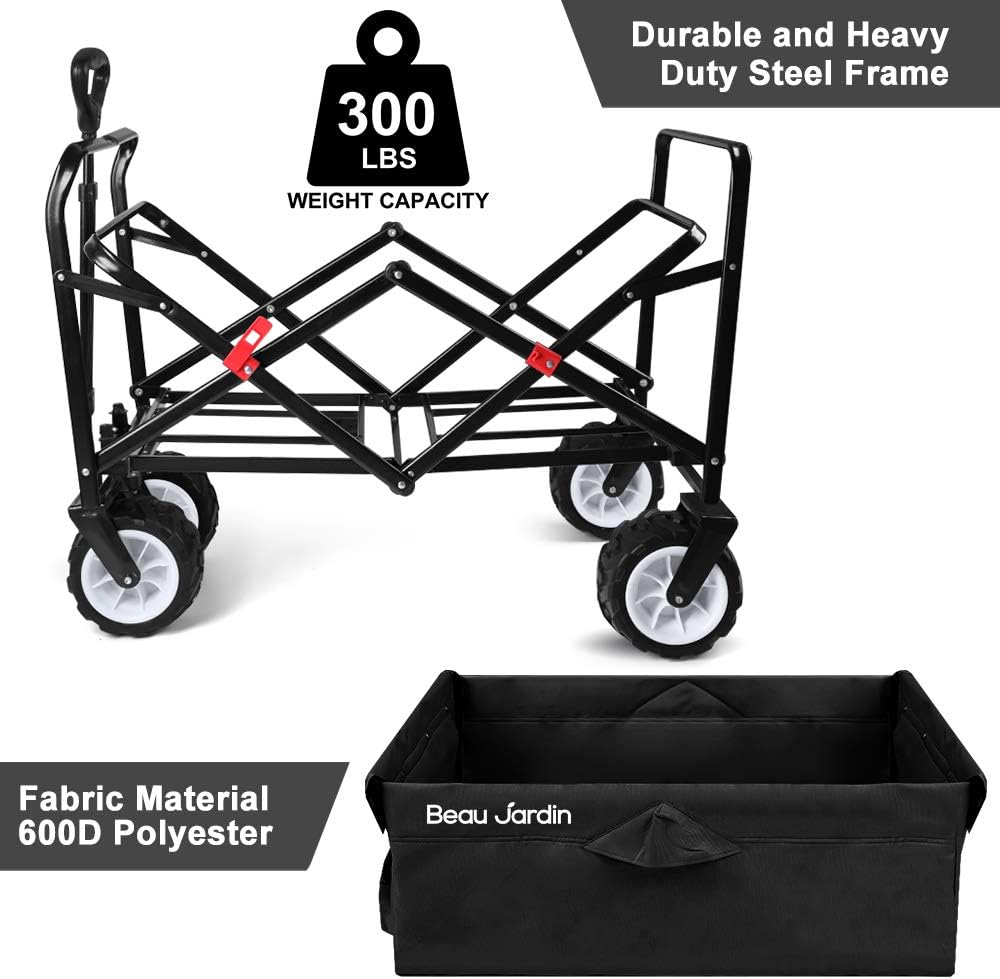 BEAU JARDIN Folding Beach Wagon Cart 300 Pound Capacity Collapsible Utility Camping Grocery Canvas Portable Rolling Outdoor Garden Sport Heavy Duty Shopping Wide All Terrain Wheel Black BG377