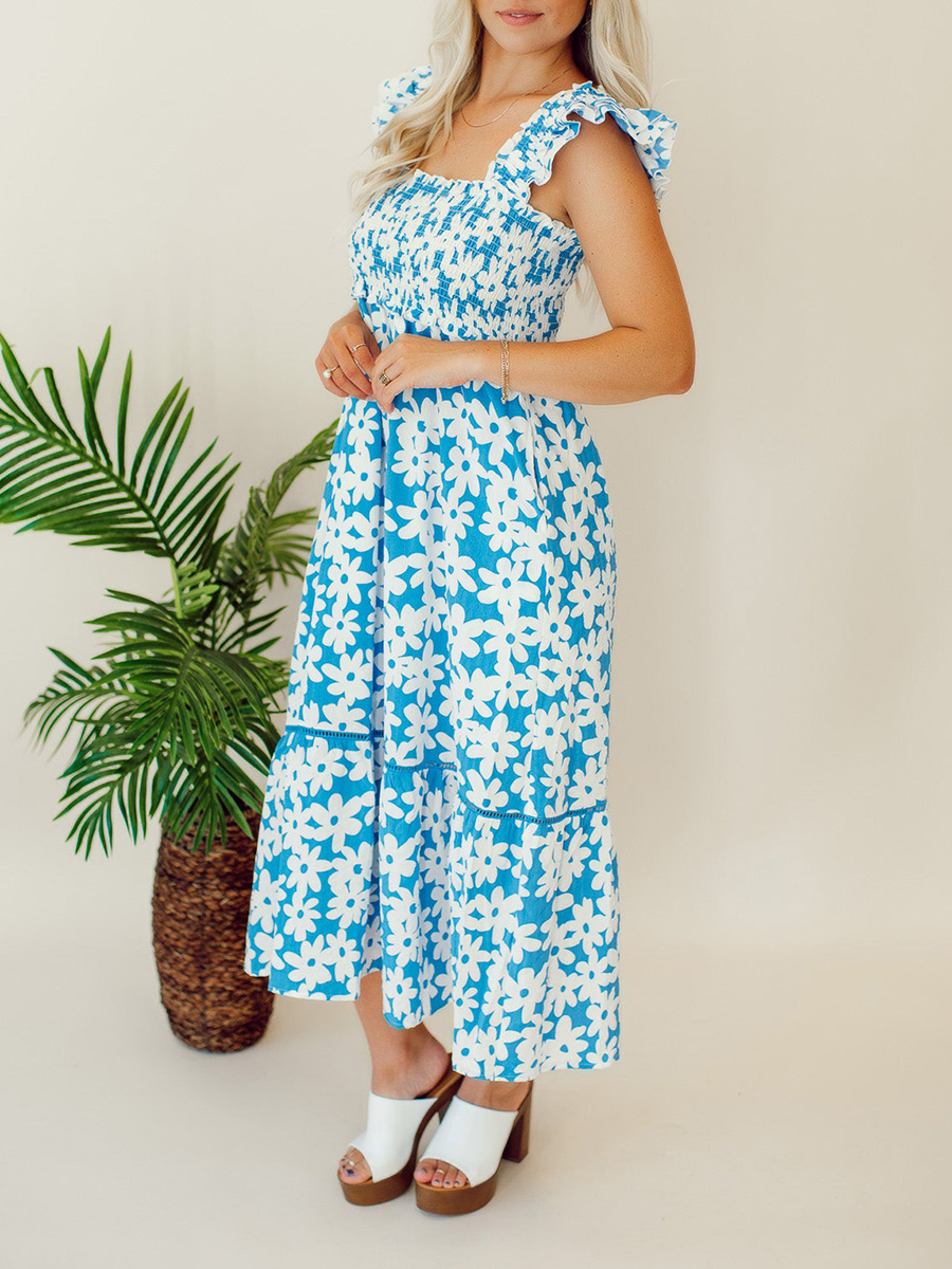 Blue floral pleated mid length dress