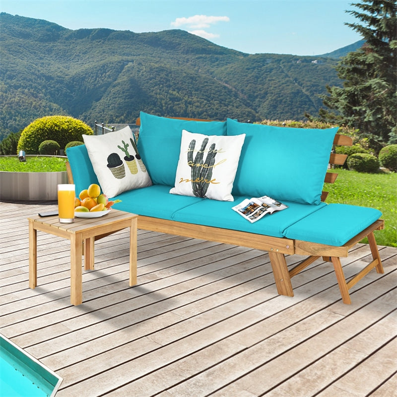 Outdoor Daybed Acacia Wood Convertible Couch Sofa Bed with Adjustable Armrest & Cushion