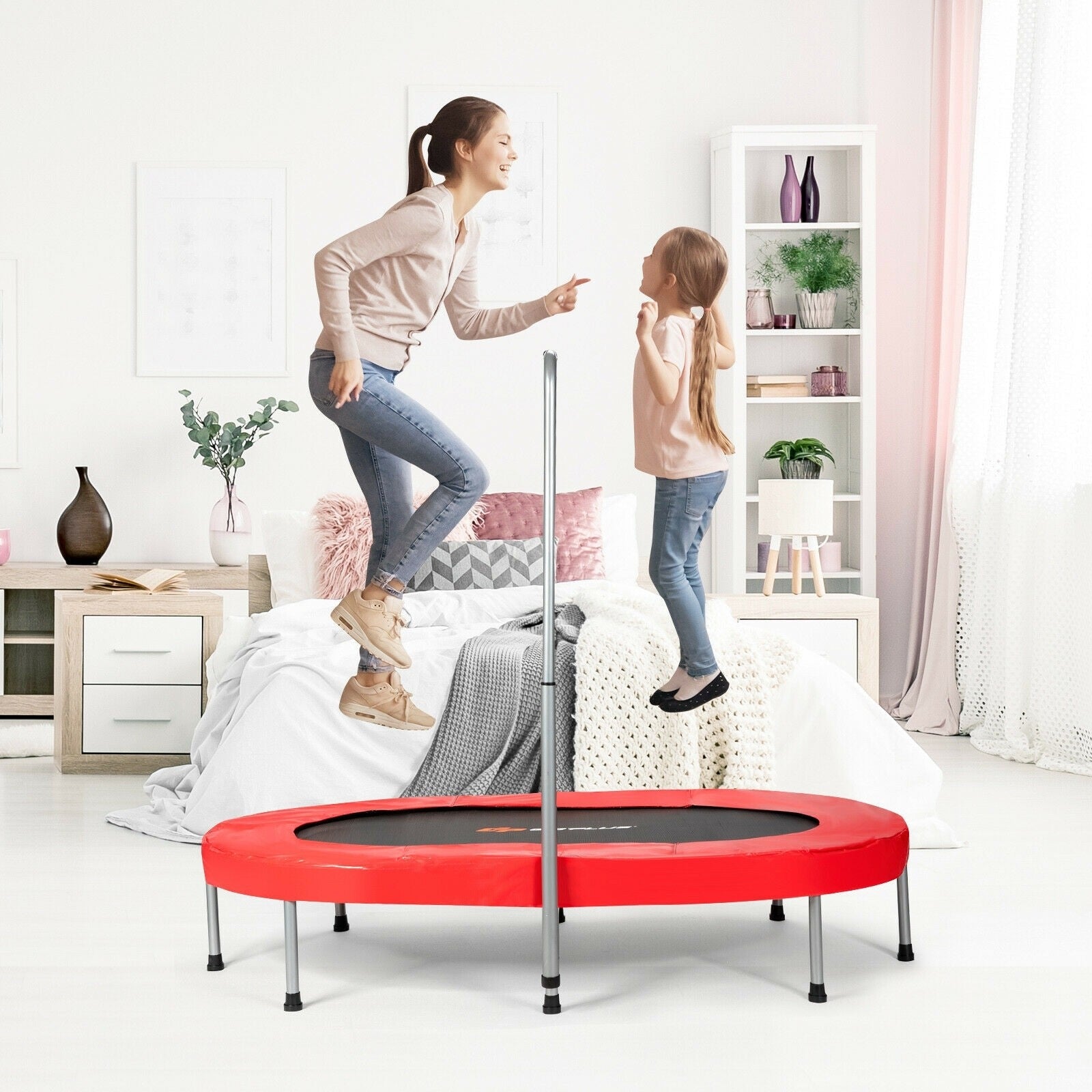 Foldable Double Mini Kids Fitness Trampoline Rebounder with Adjustable Handle