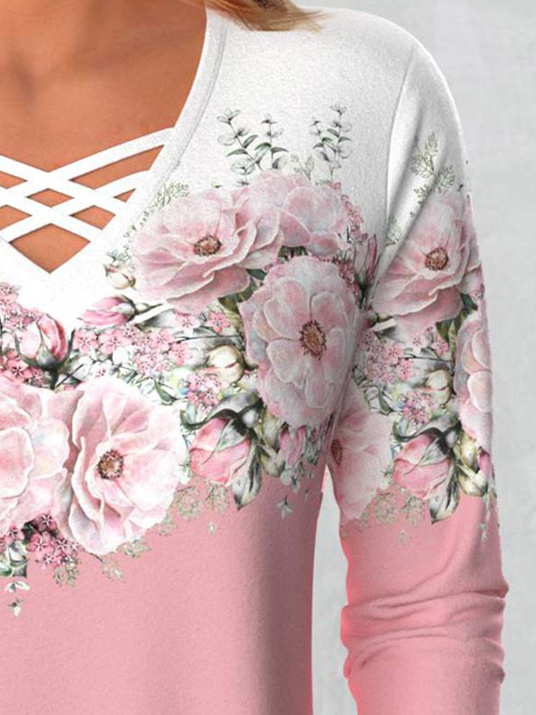 Casual Floral V Neck Long Sleeve T-shirt