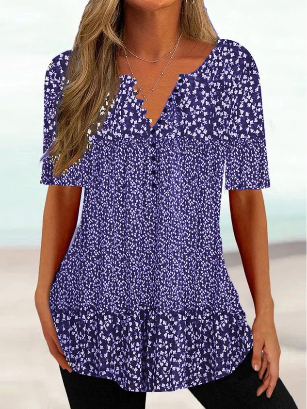 V Neck Floral Regular Fit Casual Shirt