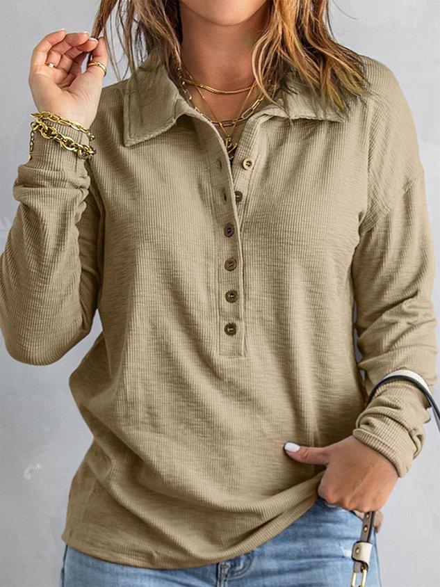 Navy Button Front Long Sleeve Henley Top