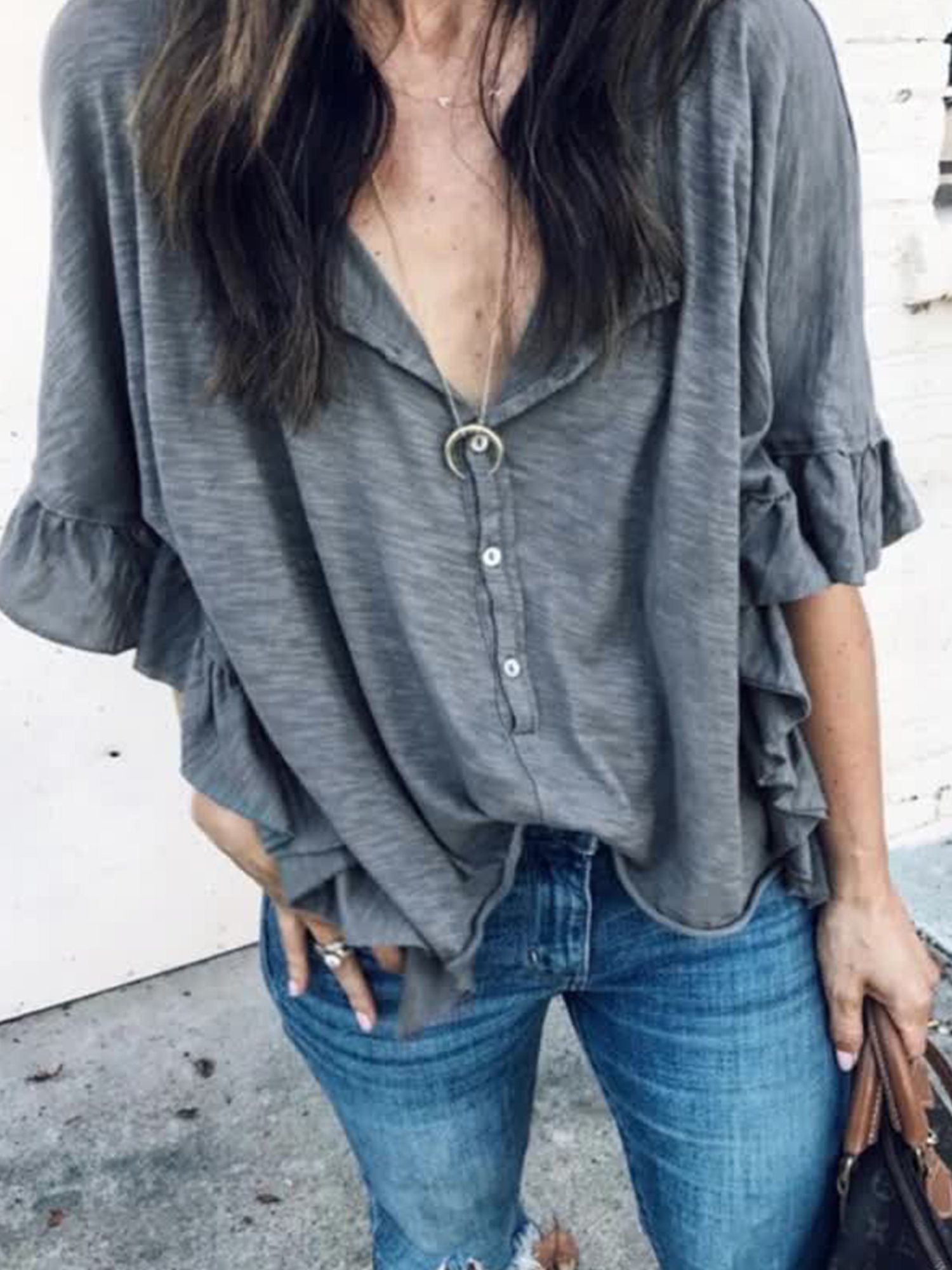 Women's Loose Casual Round Neck Ruffle Short Sleeve T-Shirt