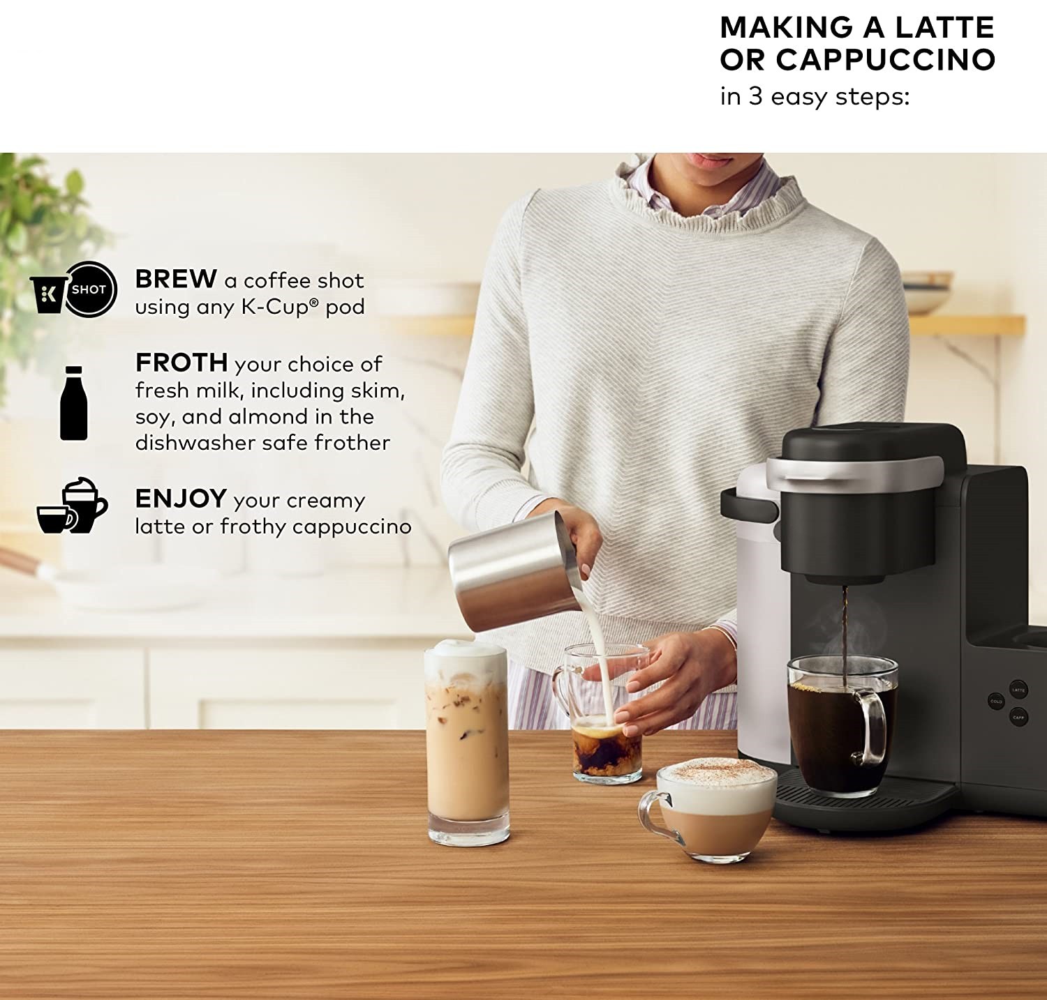 K-Cafe Single-Serve K-Cup Coffee Maker, Latte Maker and Cappuccino Maker, Comes with Dishwasher Safe Milk Frother, Coffee Shot Capability, Compatible With all K-Cup Pods, Dark Charcoal