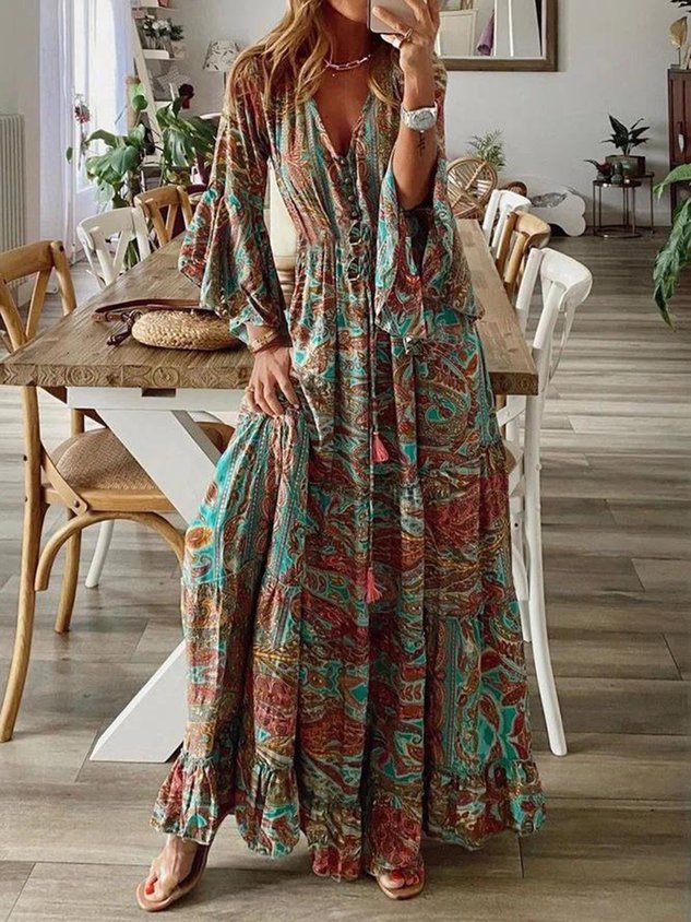 Women Abstract V Neck Long Sleeve Comfy Boho Printing Maxi Dress