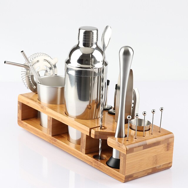 Cocktail Shaker Premium Set Stainless Steel 23-Piece Set with Big Wooden Frame Bar Cocktail Shaker