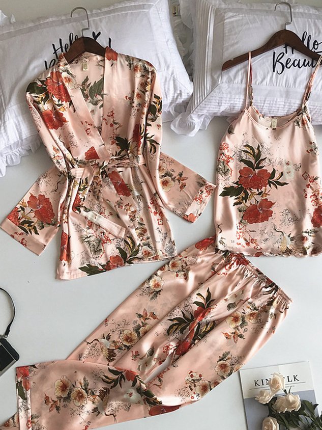 Floral Silk Fabric Long-Sleeve Jacket Camisole Trousers Pajamas Three-Piece Set