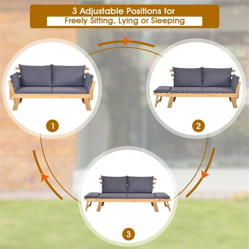 Outdoor Daybed Acacia Wood Convertible Couch Sofa Bed with Adjustable Armrest & Cushion