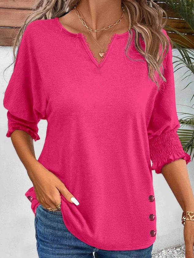 Casual Plain Notched Three Quarter Sleeve T-shirt