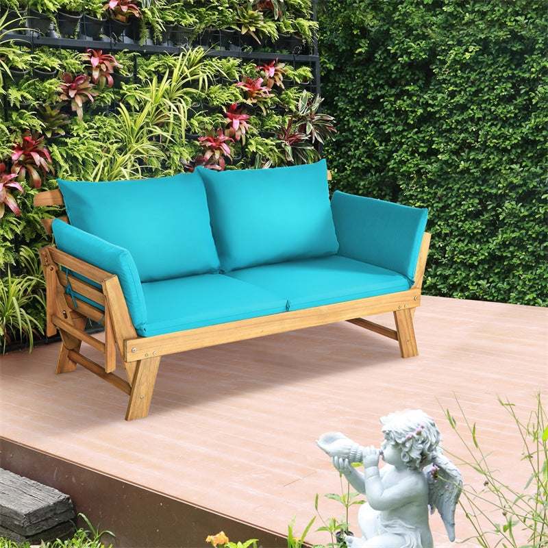 Outdoor Daybed Acacia Wood Convertible Couch Sofa Bed with Adjustable Armrest & Cushion