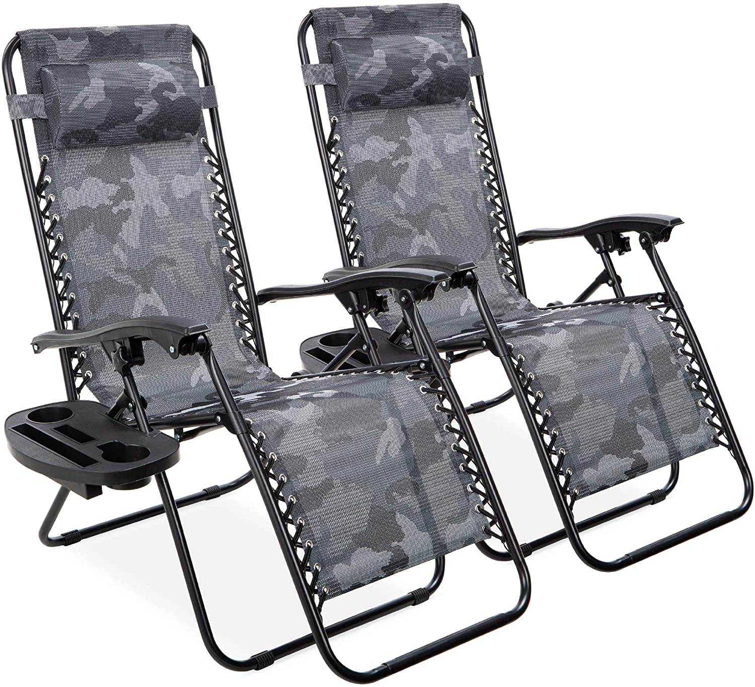 Set of 2 Adjustable Steel Mesh Zero Gravity Lounge Chair Recliners w/Pillows and Cup Holder Trays