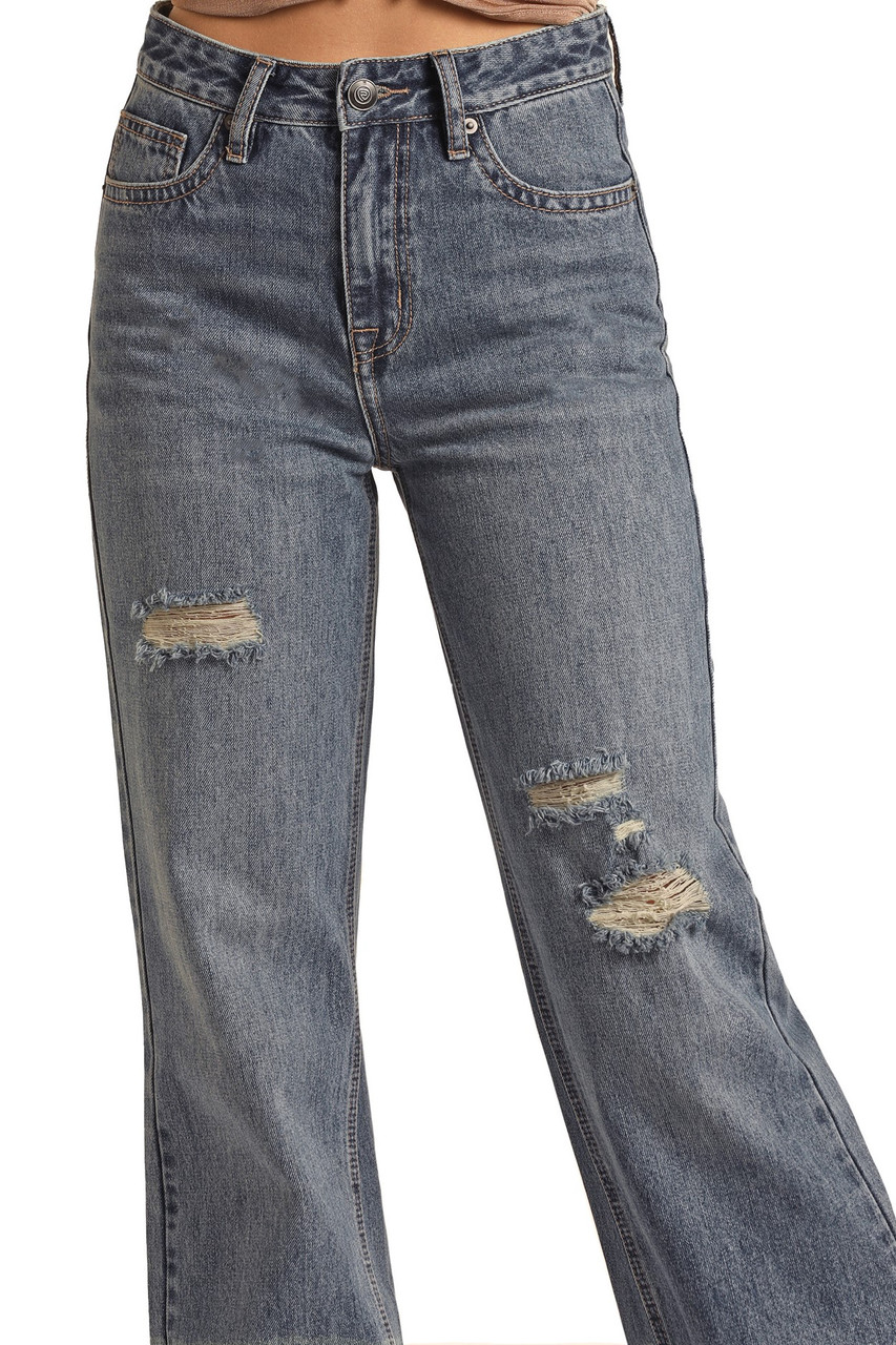 Simple women's mid-waist pocket line design details denim pants