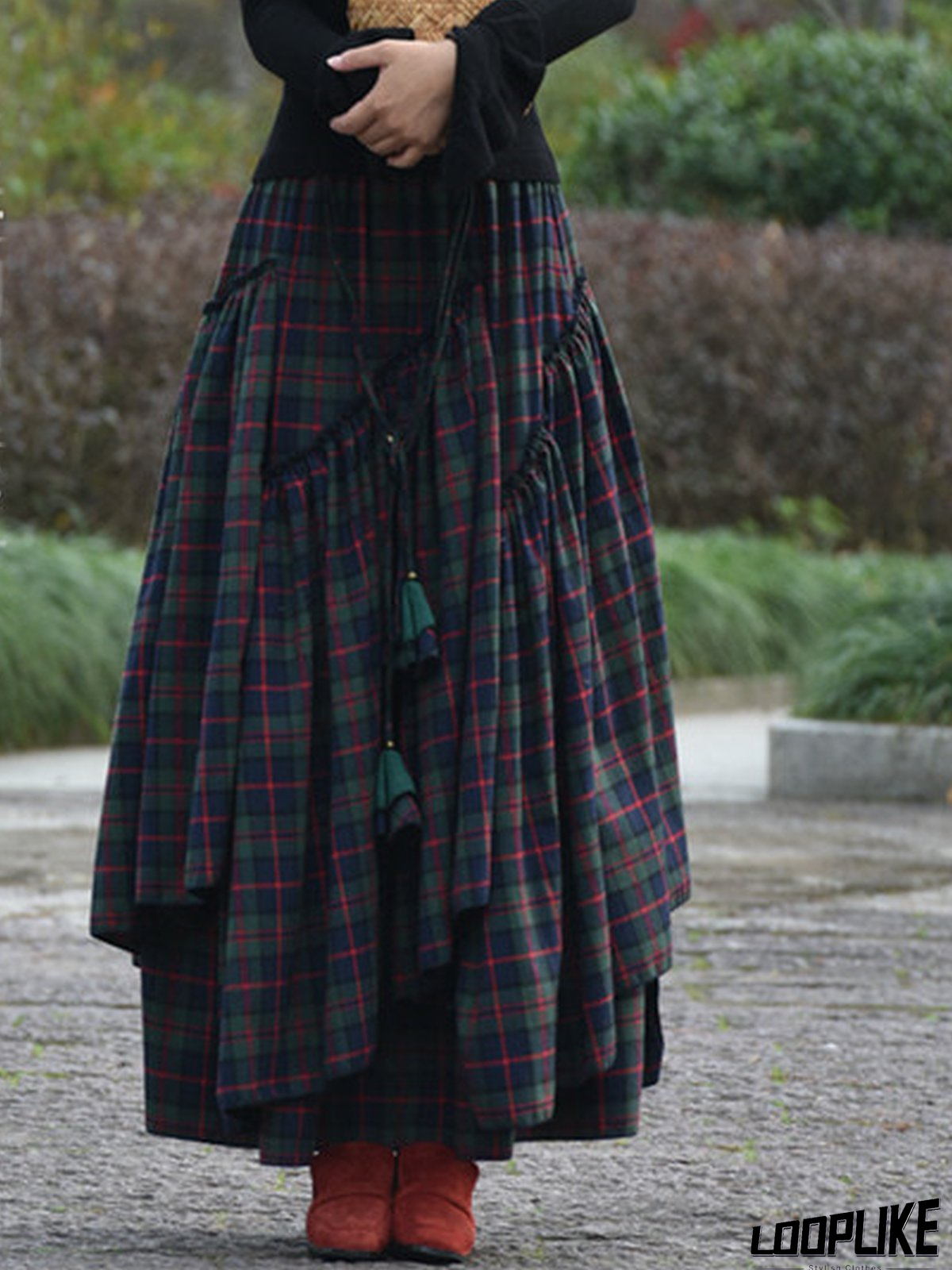 Cotton-Blend Casual Checkered/plaid Skirt