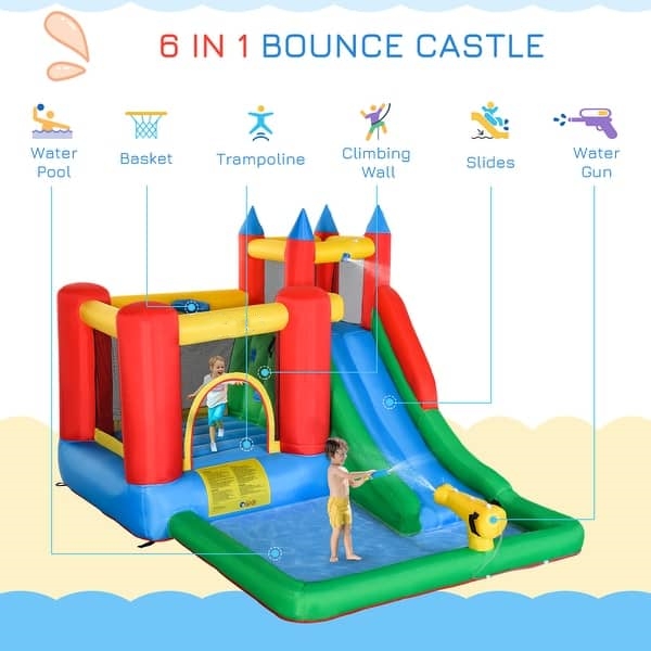 6-in-1 Kids Bounce House Inflatable Water Slide with Pool, Water Gun, Climbing Wall, Inflator Included