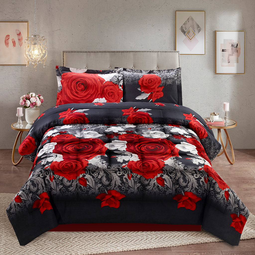 3D Print Red And White Rose All Season Quited Comforter Set