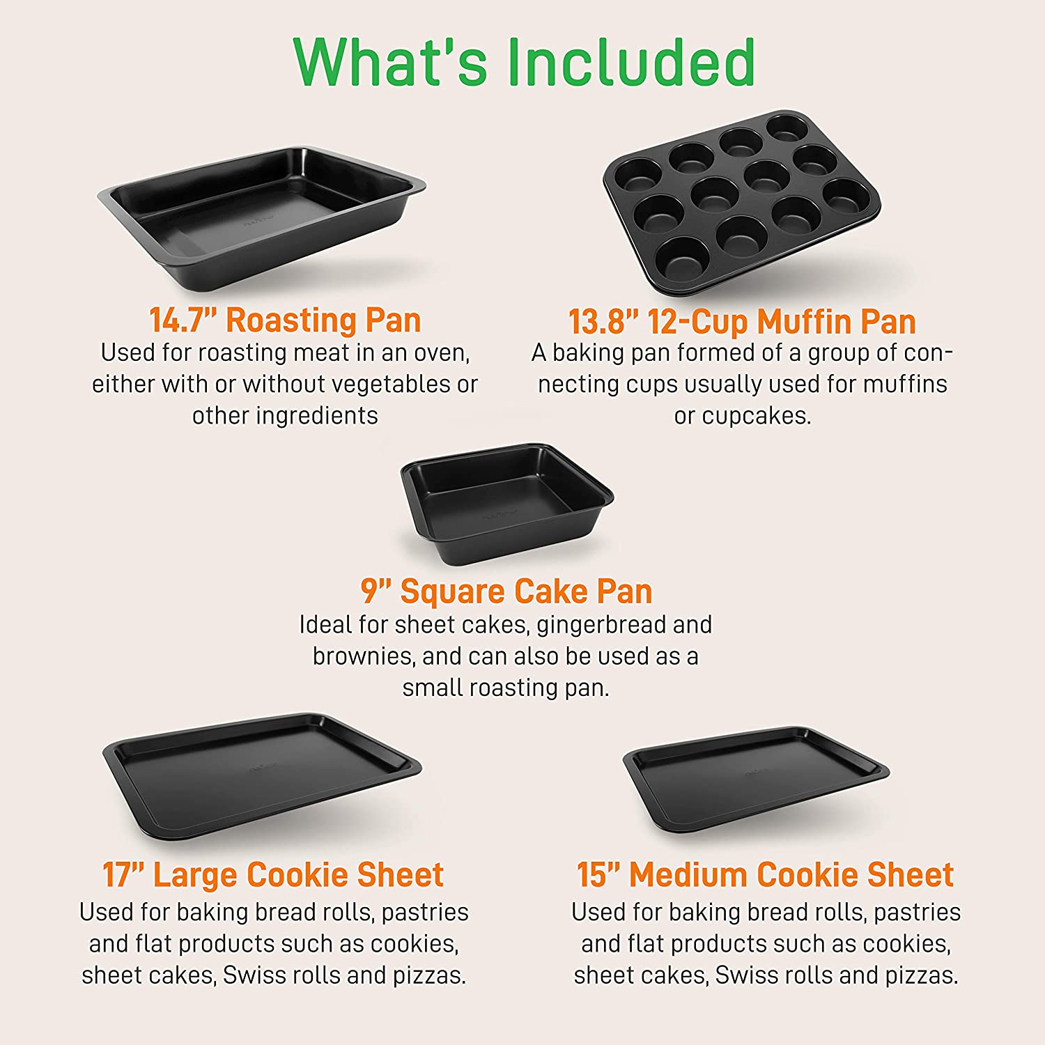 10-Piece Kitchen Oven Baking Pans - Deluxe Carbon Steel Bakeware Set with Stylish Non-stick Gray Coating Inside and Out, Dishwasher Safe & PFOA, PFOS, PTFE Free