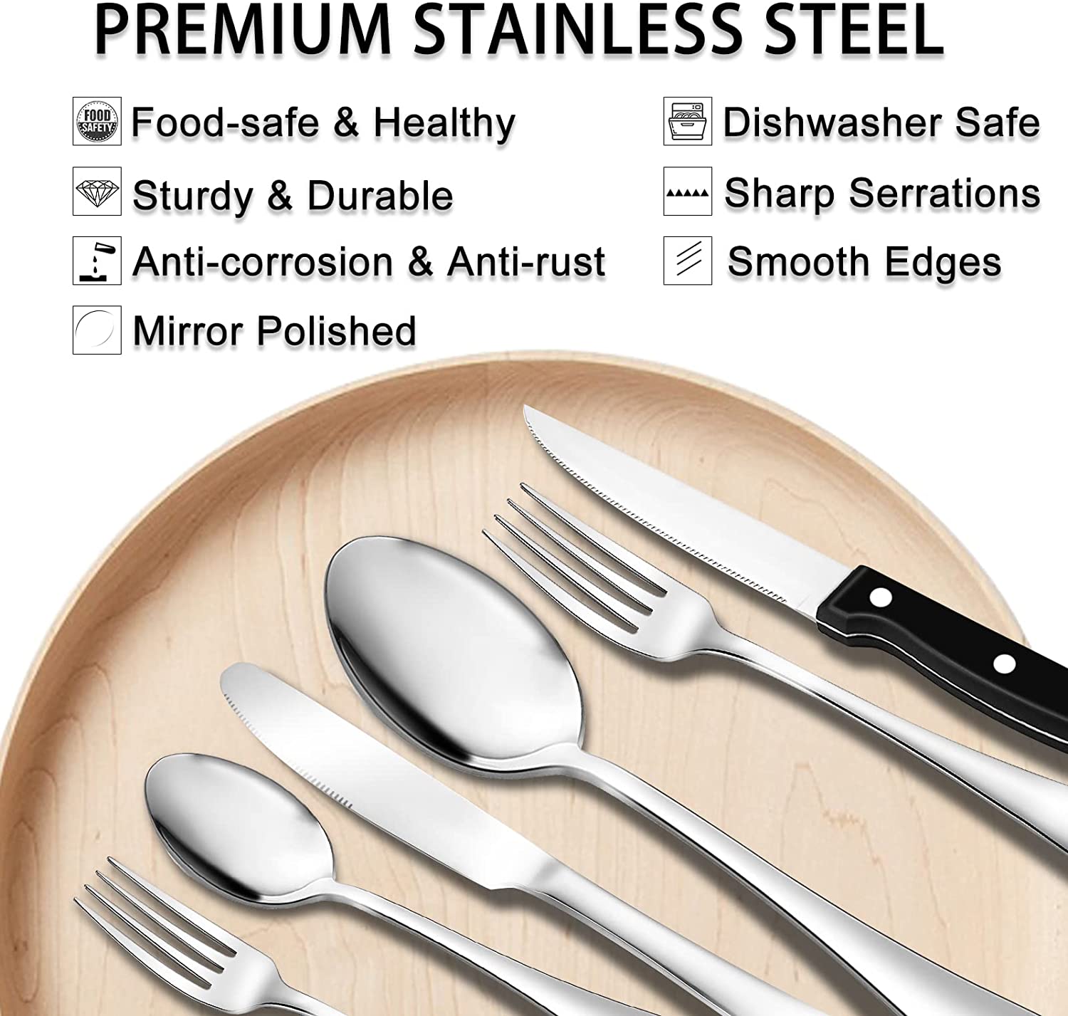 49-Piece Silverware Set with Flatware Drawer Organizer, Durable Stainless Steel Cutlery Set for 8, Mirror Polished Kitchen Utensils Tableware Service with Steak Knives Dinner Fork Knife Spoon & Tray