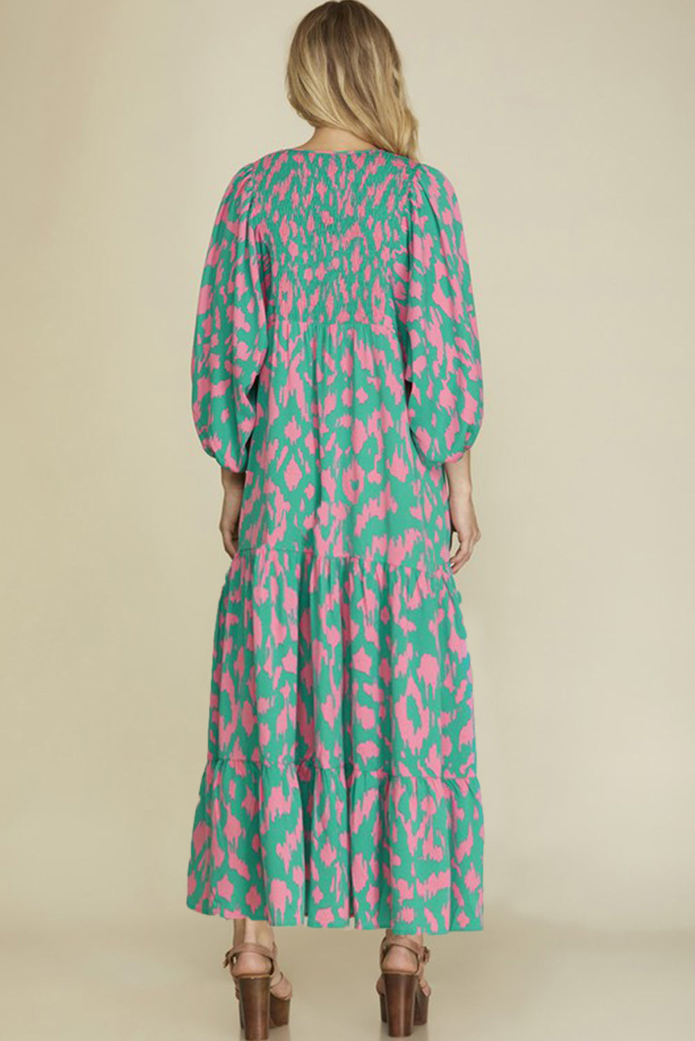 Green Abstract Print Puff Sleeve Smocked V Neck Maxi Dress