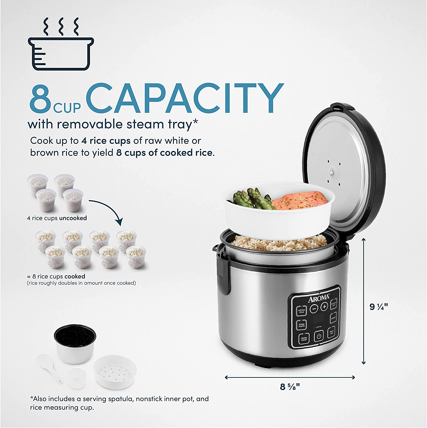 Rice Grain Cooker and Food Steamer, Stainless, Silver, 4-Cup (Uncooked) / 8-Cup (Cooked)