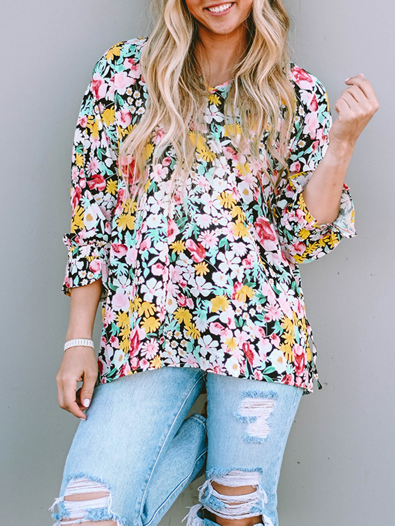 FLORAL NOTCHED V-NECK PUFF SLEEVE BLOUSE