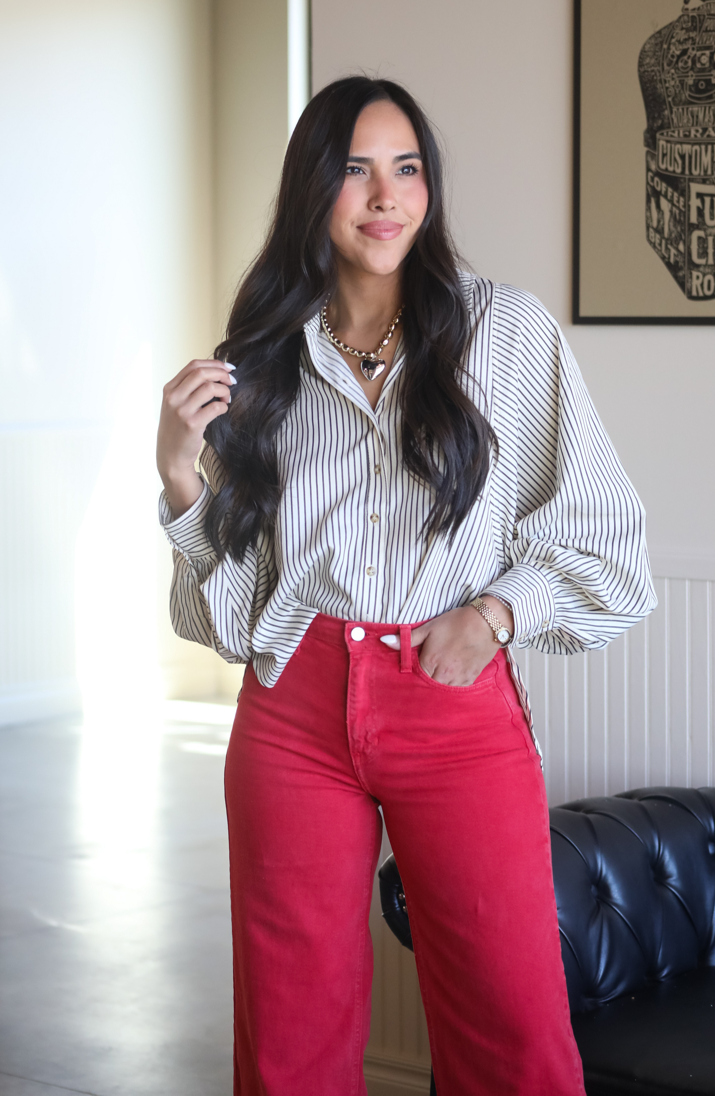 On This Day Black And Cream Striped Button Up Blouse