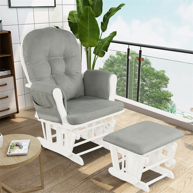 Wood Baby Glider Rocking Chair Nursery Chair with Gliding Ottoman & Storage Pocket