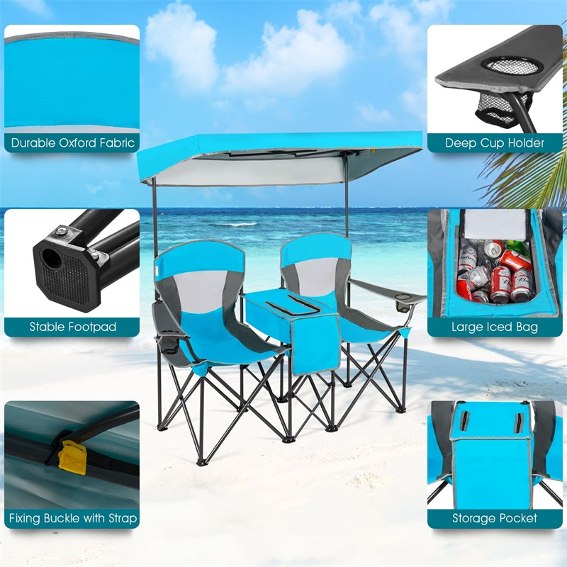 Folding Double Camping Chairs with Shade Canopy Portable Beach Chairs with Cup Holder