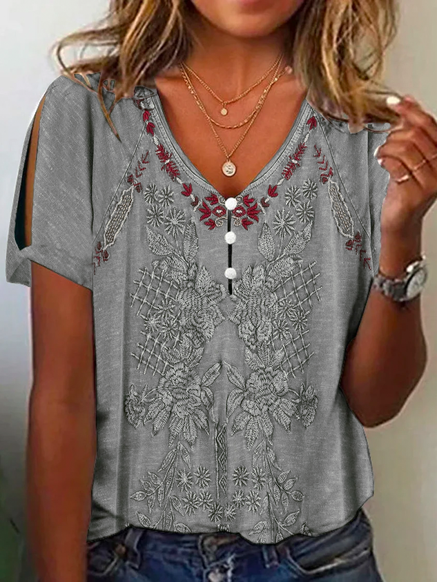 Casual V Neck Ethnic Buttoned Shirt