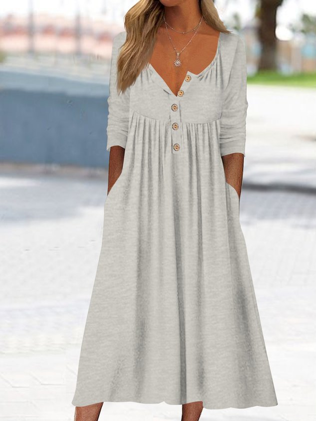 Cotton mixed plain button simple midi Dress