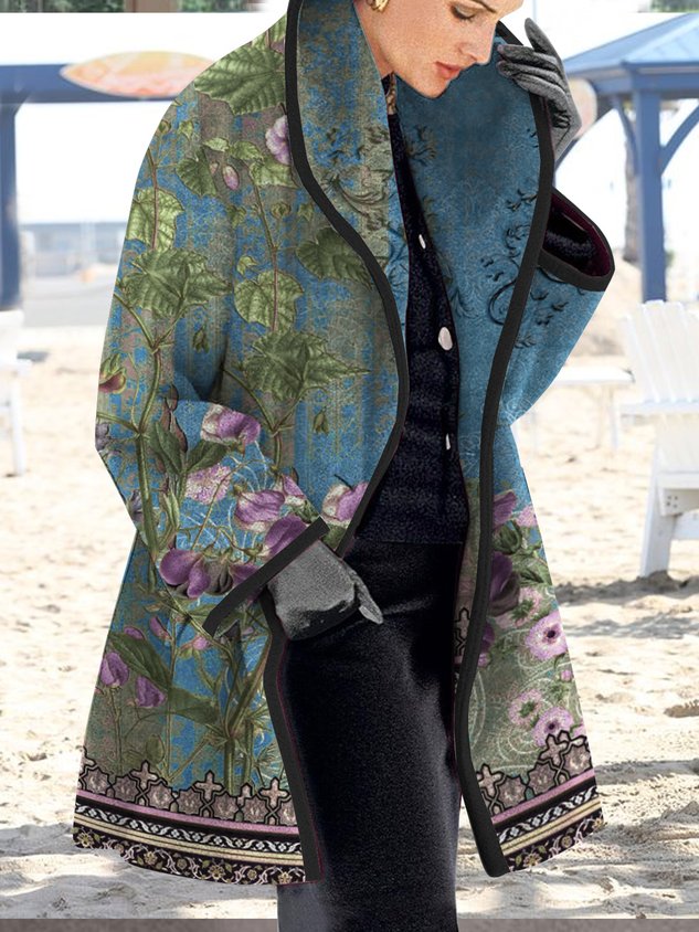 Vintage Flower Lake Lapel Mid Length Coat