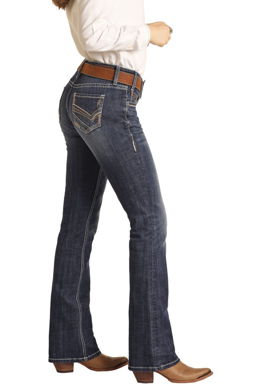 Simple women's mid-waist pocket line design details denim pants