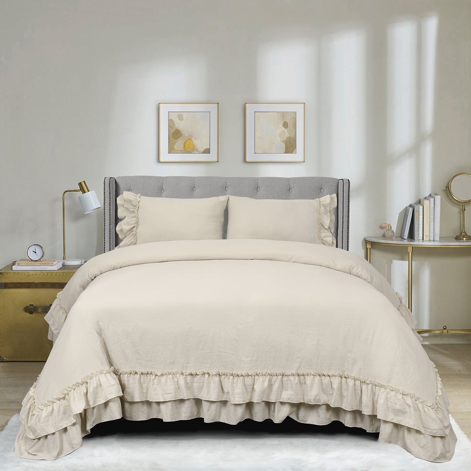 3 Piece Pre-Washed Microfiber Handmade Ruffle Fringe Duvet Cover Set-Hans