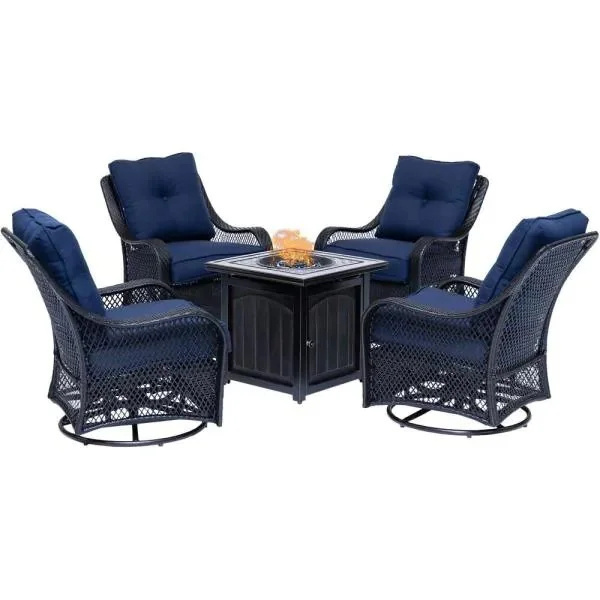 Orleans 5-Piece Steel Patio Fire Pit Conversation Set with Navy Blue Cushions, Swivel Gliders and Square Fire Pit Table