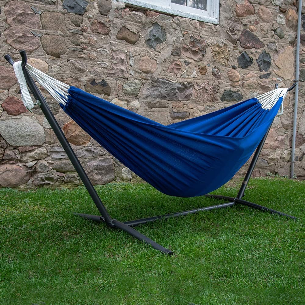 Double Cotton Hammock with Space Saving Steel Stand, Tropical (450 lb Capacity - Premium Carry Bag Included)