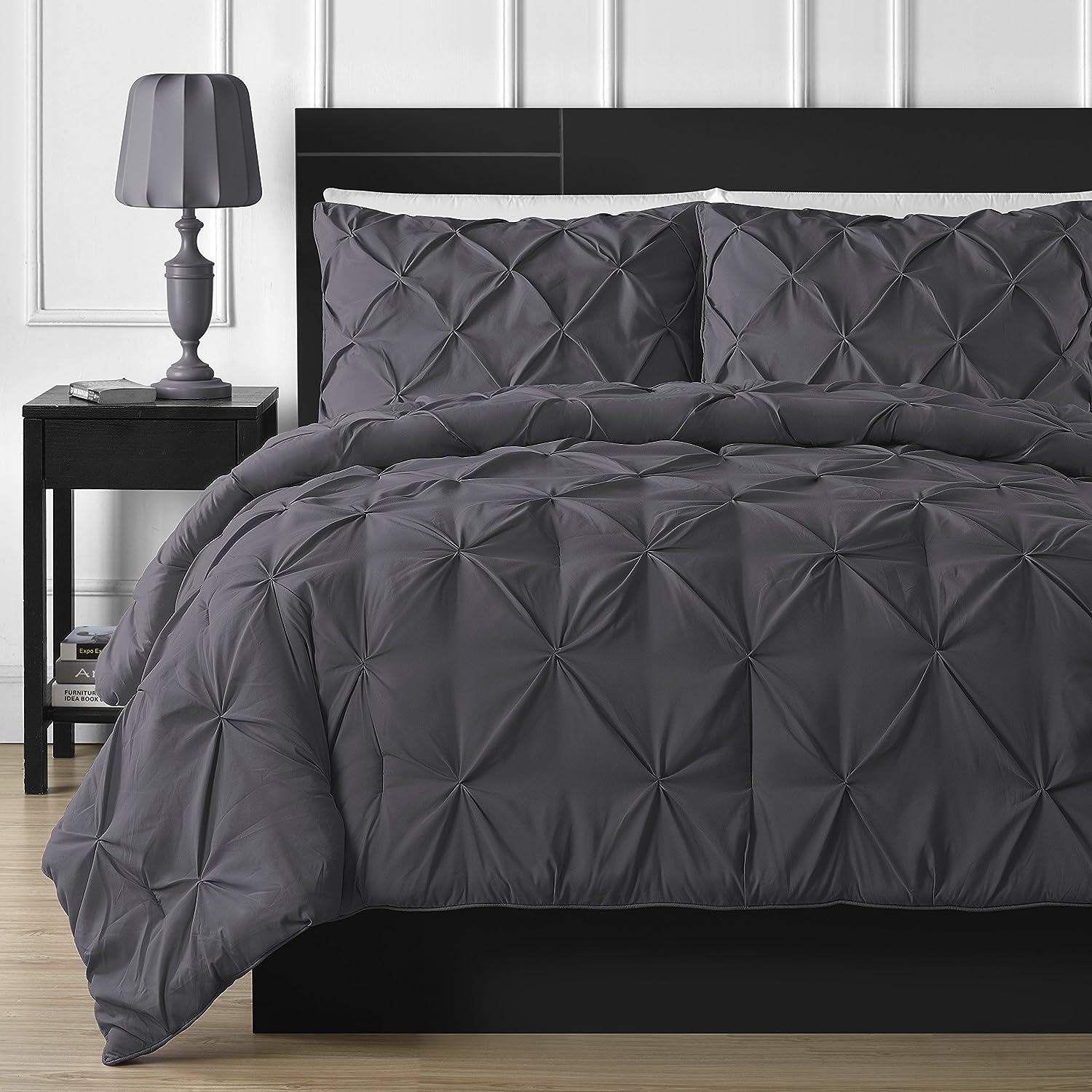 Comfy Bedding 3-Piece Pinch Pleat Comforter Set All Season Pintuck Style Double Needle Durable Stitching, Queen, Gray