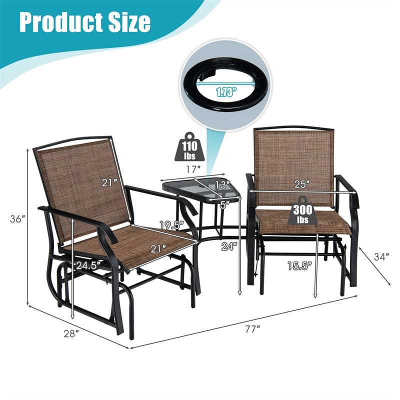 2-Seat Patio Rocking Chair Outdoor Double Glider Chair with Glass Table & Umbrella Hole