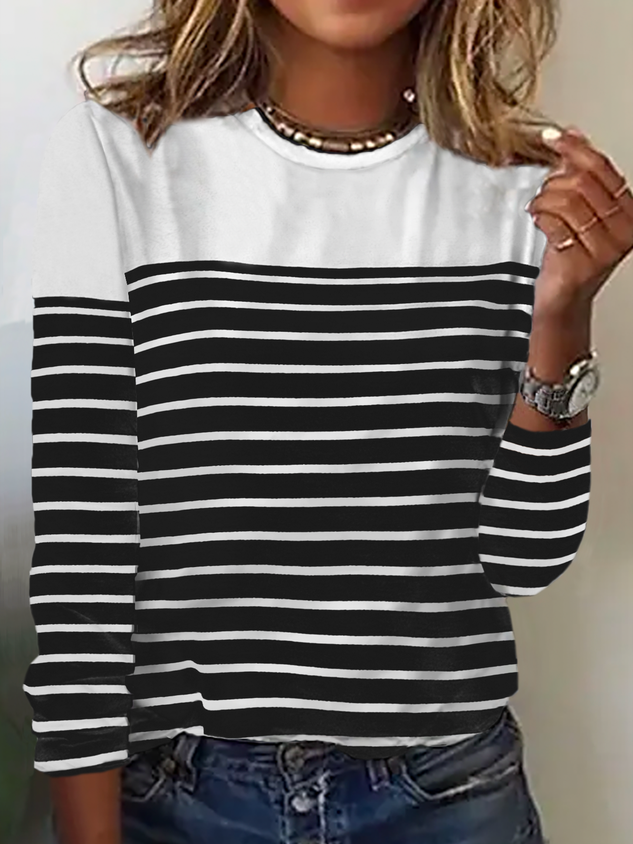 Crew Neck Striped Print Long Sleeve Casual T-Shirt