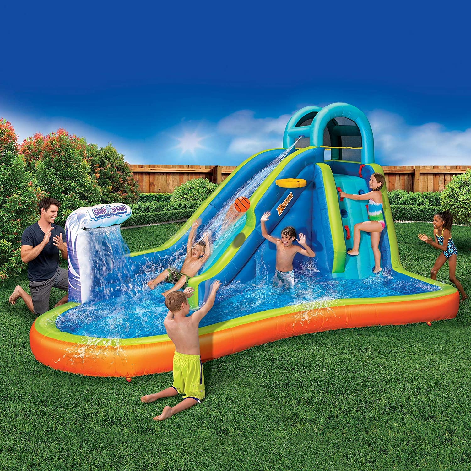 Inflatable Giant Water Slide - Huge Kids Pool (14 Feet Long by 8 Feet High) with Built in Sprinkler Wave and Basketball Hoop - Heavy Duty Outdoor Surf N Splash Adventure Park - Blower Included