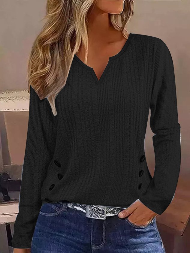 Casual Plain Notched Long Sleeve T-shirt