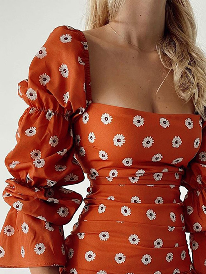 Fashionable Square Neck Printed Puff Sleeve Dress