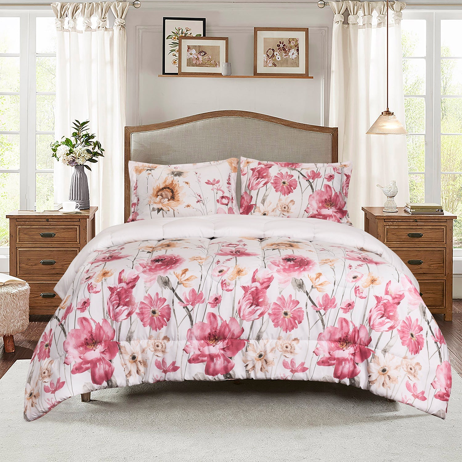 HIG 3 Piece Bohemian Floral Print Comforter Set for Queen King Bed, Pastoral Style Lightweight Duvet Set for Bedroom Decor