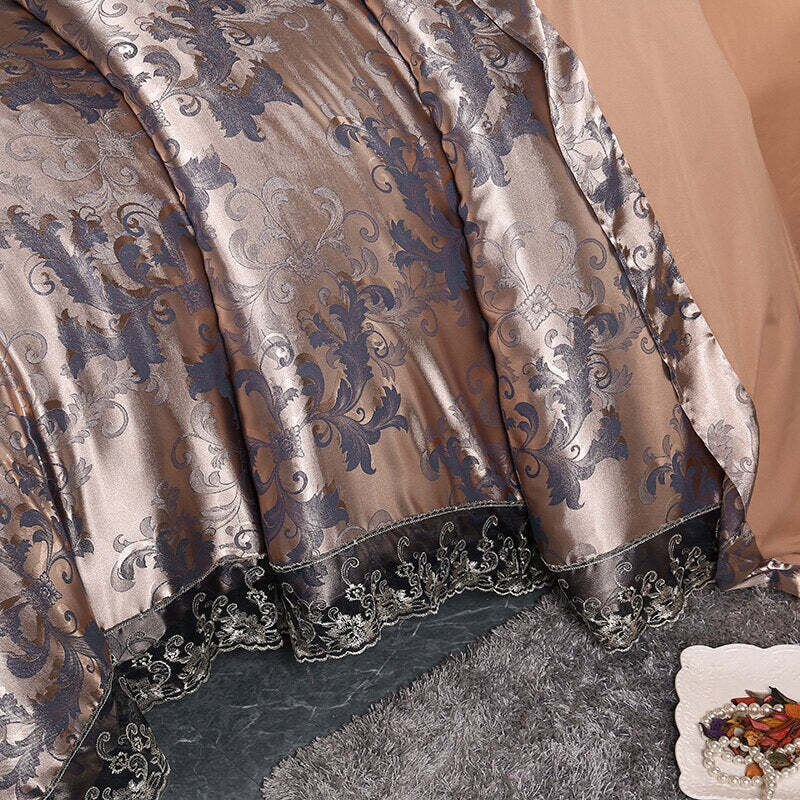 Silver Brown Luxury Satin Cotton Lace Duvet Cover Set