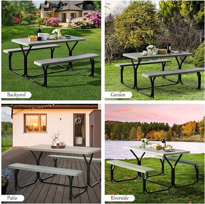 Outdoor Picnic Table Bench Set All-Weather Camping Dining Table Set with Metal Base