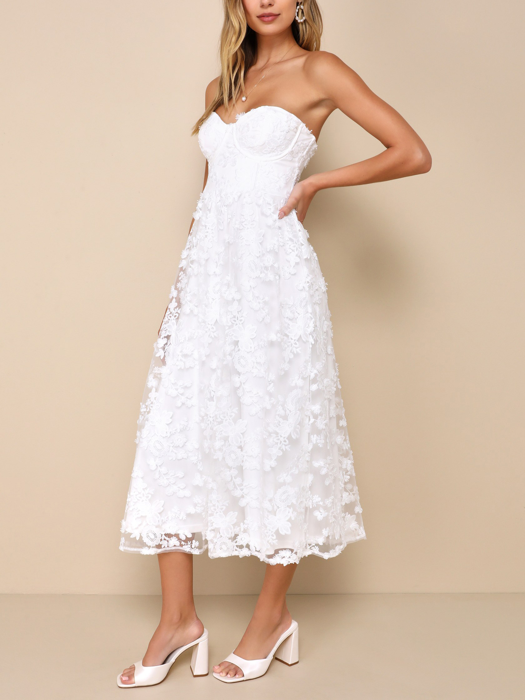 Quite Perfect White Floral Embroidered Strapless Midi Dress