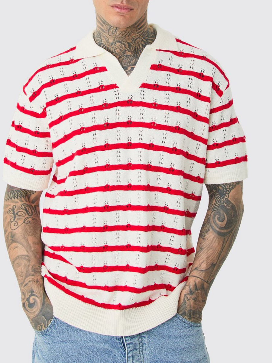 TALL SHORT SLEEVE OVERSIZED CROCHET KNIT STRIPE POLO