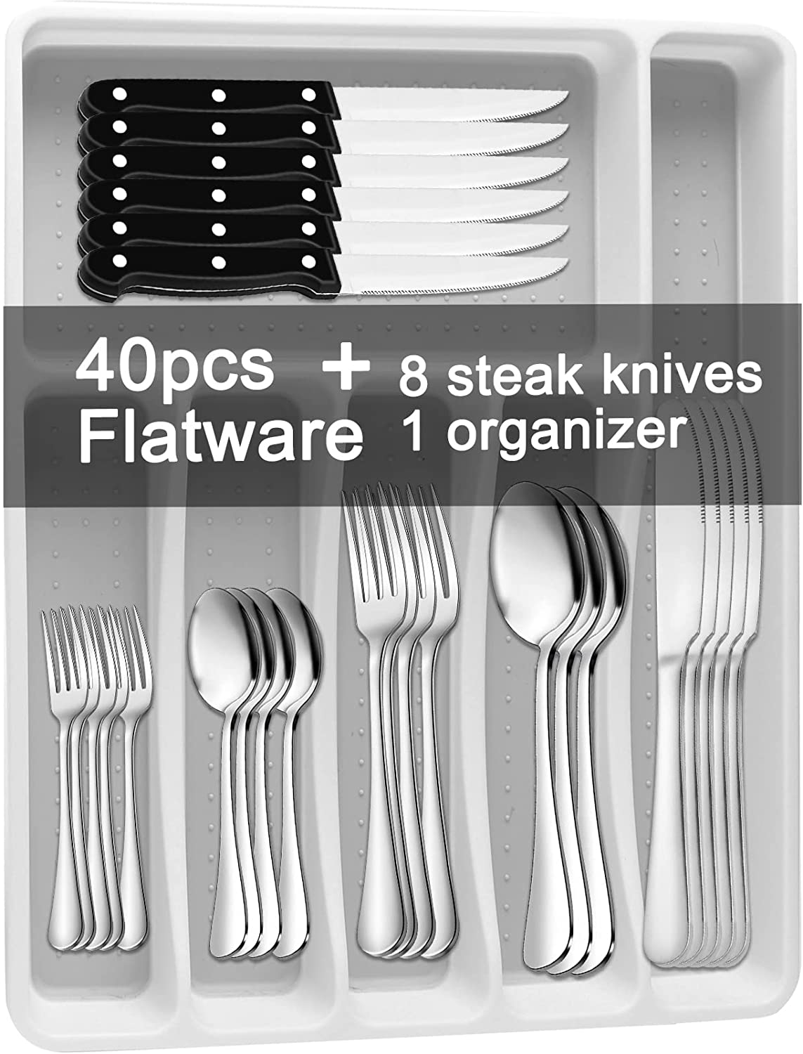 49-Piece Silverware Set with Flatware Drawer Organizer, Durable Stainless Steel Cutlery Set for 8, Mirror Polished Kitchen Utensils Tableware Service with Steak Knives Dinner Fork Knife Spoon & Tray