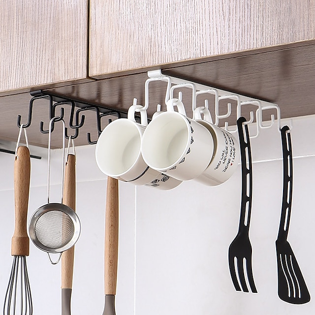 Kitchen Double-row Hook Hanging Cup Holder Household Punch-free Wall Cabinet Hook Spatula Rack Cup Storage Wrought Iron Hook